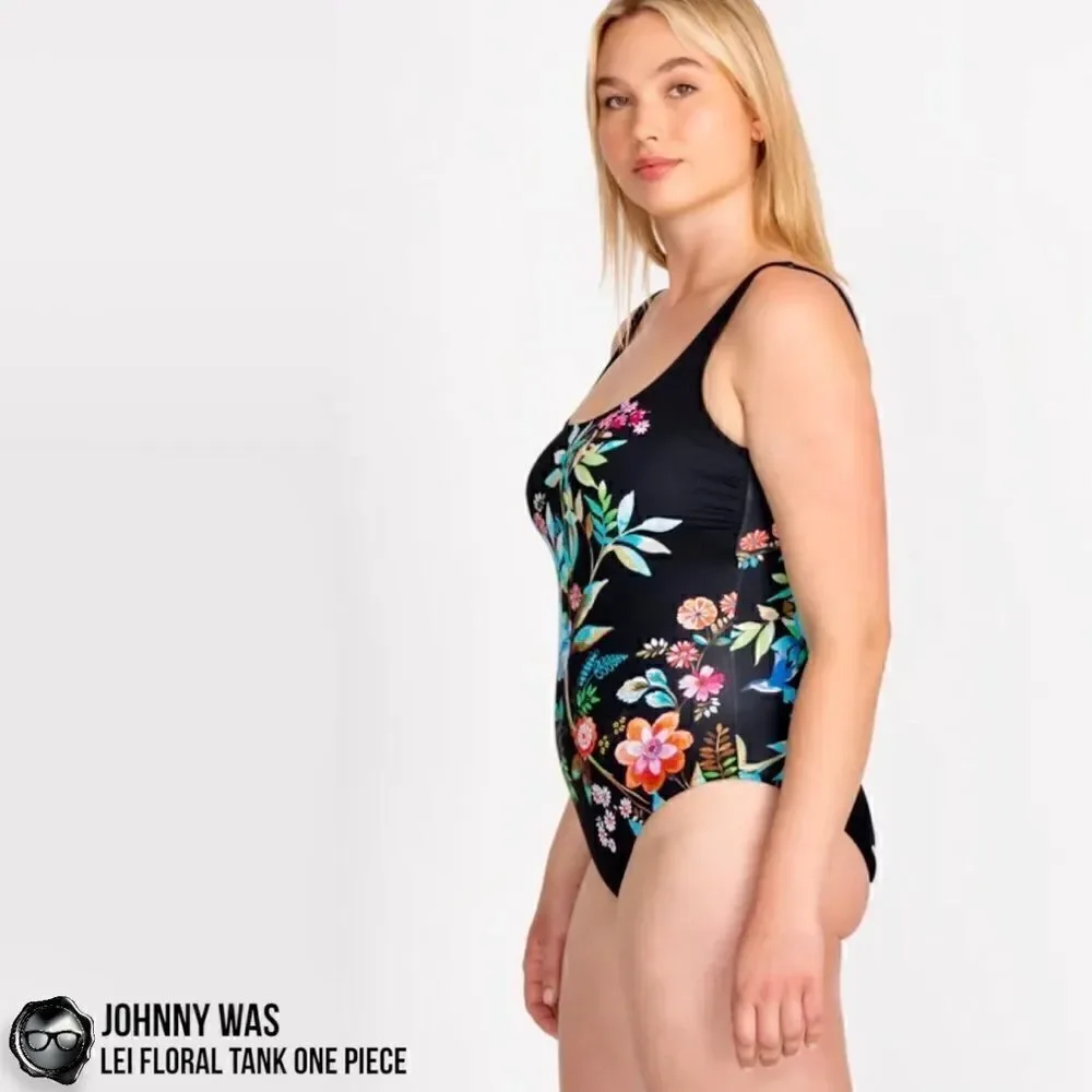 JOHNNY WAS LEI FLORAL TANK ONE PIECE PLUS SIZE 2X SWIMSUIT IN BLACK FLORAL NEW